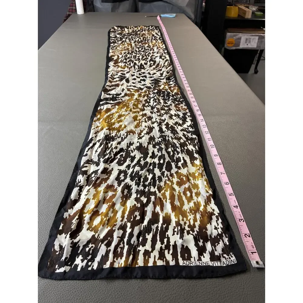 Adrienne Vittadini Silk Scarf | Brown Black Gold Ivory | 51 x 11 Inches